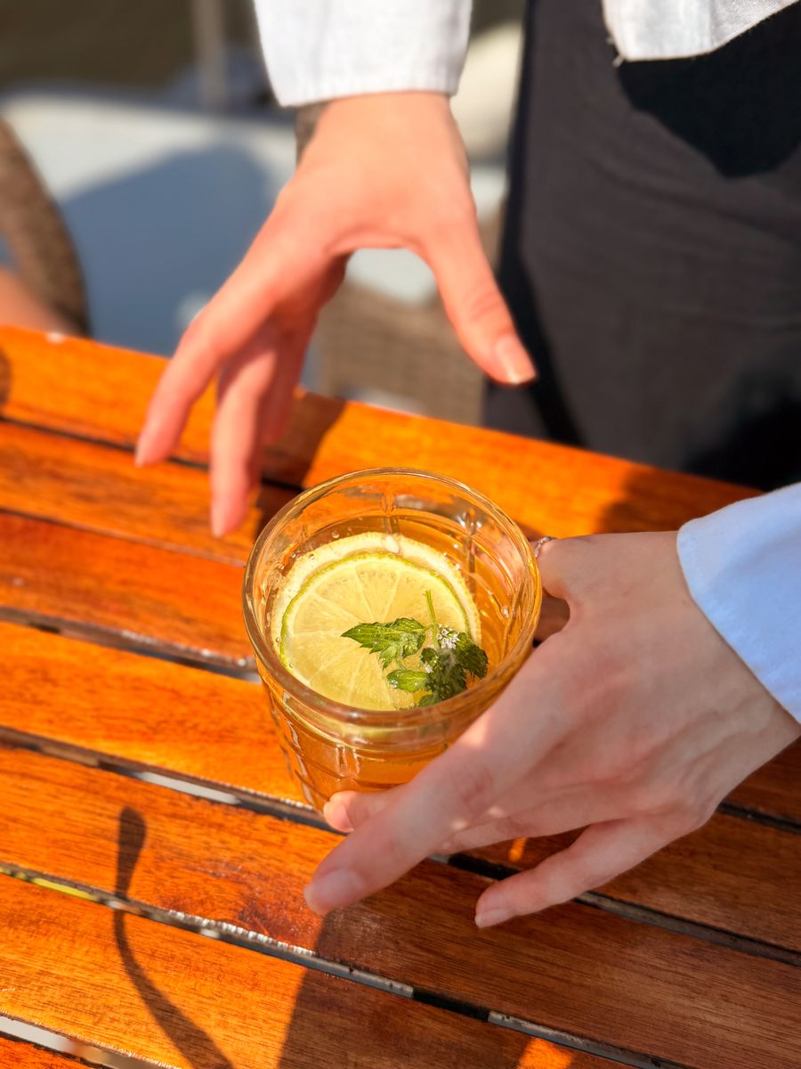 Vltava Spritz welcome drink served on board a private BBQ boat in Prague